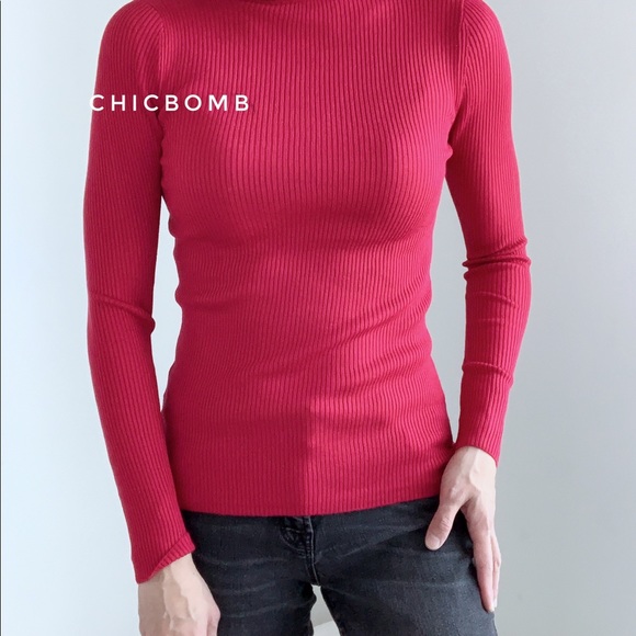 RED SLIM FIT RIBBED TURTLENECK TOP - Picture 8 of 13